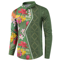 Green button-front sweatshirt with tropical floral print and geometric side stripes