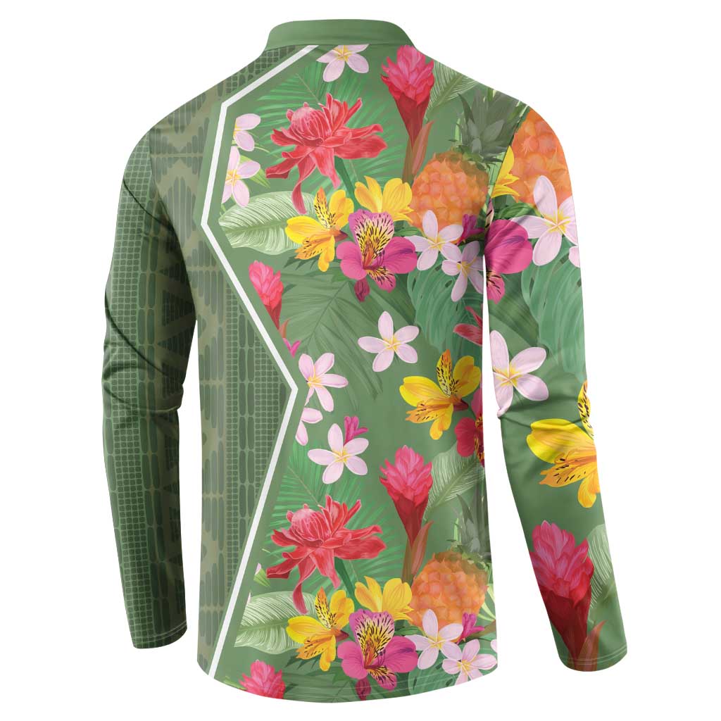 Green button-front sweatshirt back with tropical flowers and geometric border panel