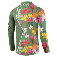 Green button-front sweatshirt back with tropical flowers and geometric border panel