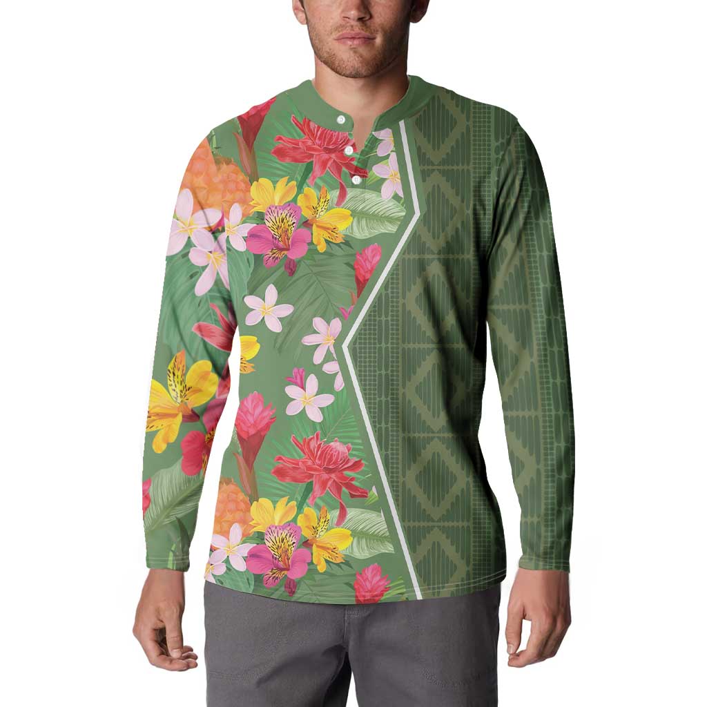 Green button-front tropical floral sweatshirt, long sleeves