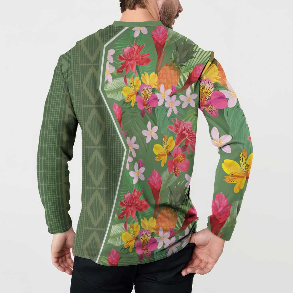 Green button-front tropical floral sweatshirt back view, long sleeves