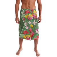 Green tropical floral lavalava sarong skirt, side-drape style, knee-length