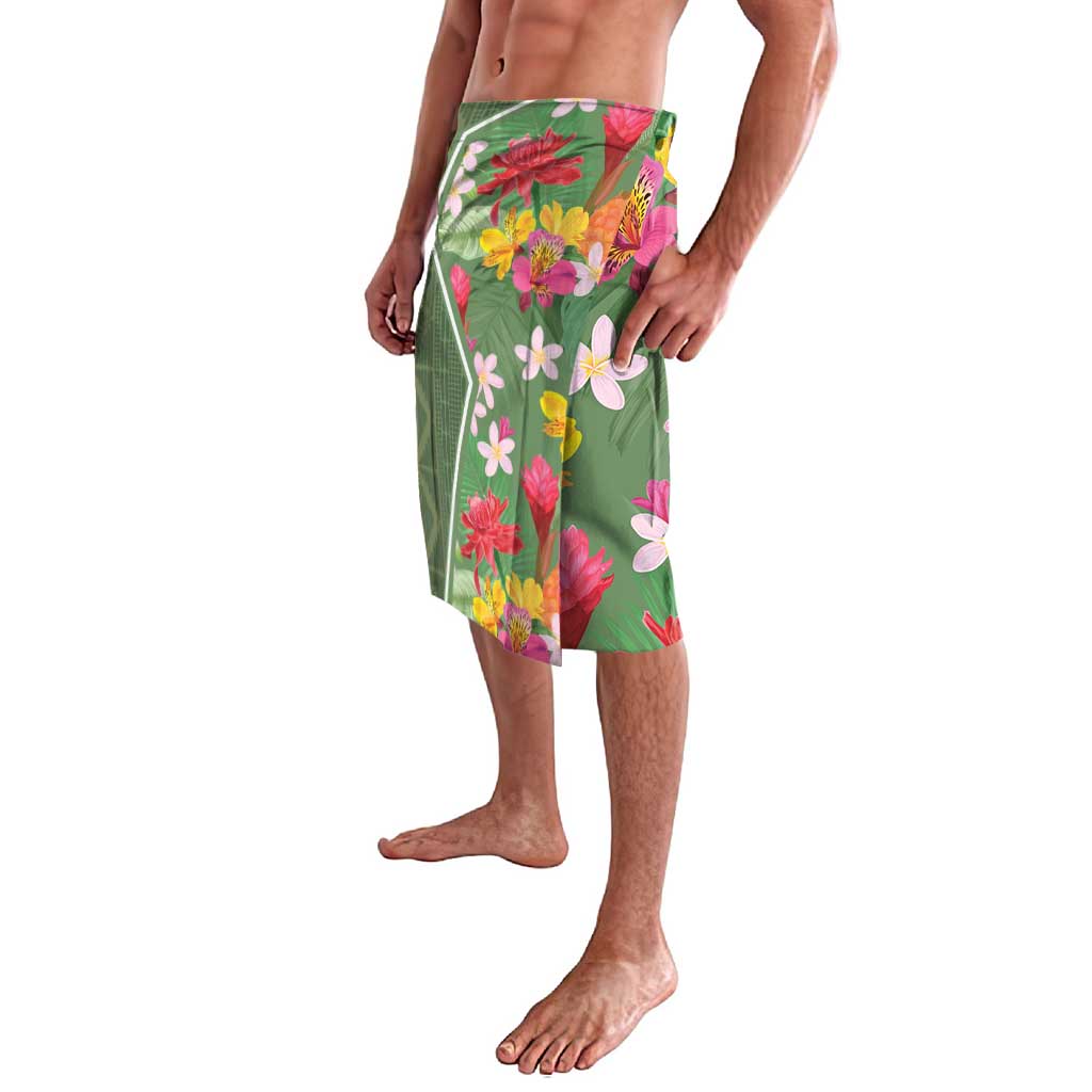 Green tropical floral lavalava sarong skirt, diagonal wrap drape, knee-length
