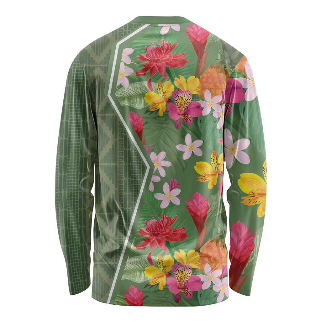 Green long-sleeve shirt with tropical flowers, plants, and geometric side accents