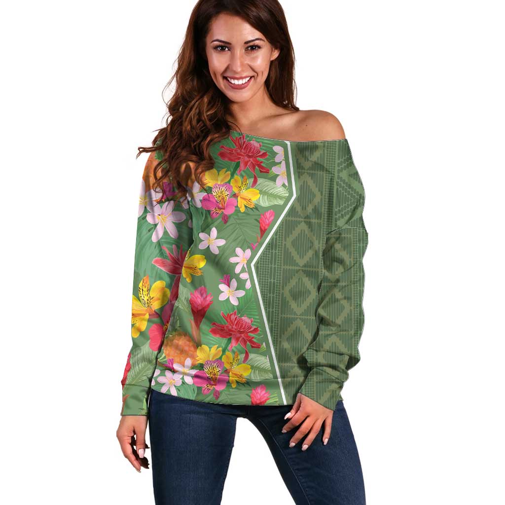 Africa Tropical Flowers Off Shoulder Sweater Green Version - Wonder Print Shop