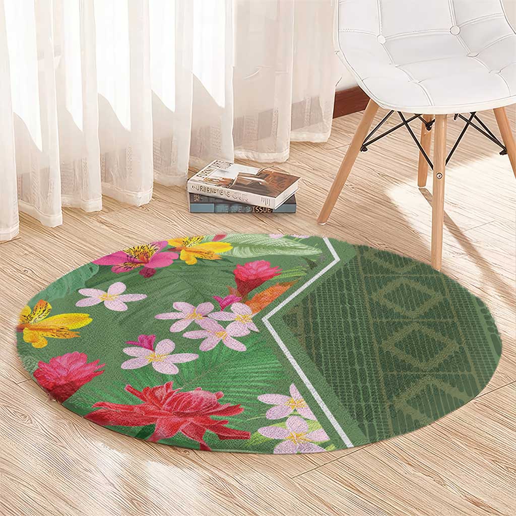 Round green tropical flower rug with multicolor blooms and white geometric border