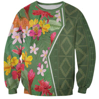 Unisex green sweatshirt with tropical floral print and geometric panel detailing