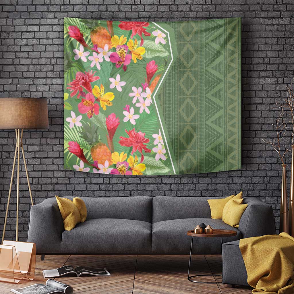 Hanging green tropical flower tapestry with geometric pattern panel