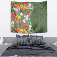 Green tropical flower tapestry with floral left section and patterned right section