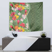 Green tropical flower tapestry with hexagonal-style patterned right half