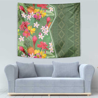 Green tropical flower tapestry with colorful blooms and patterned right side