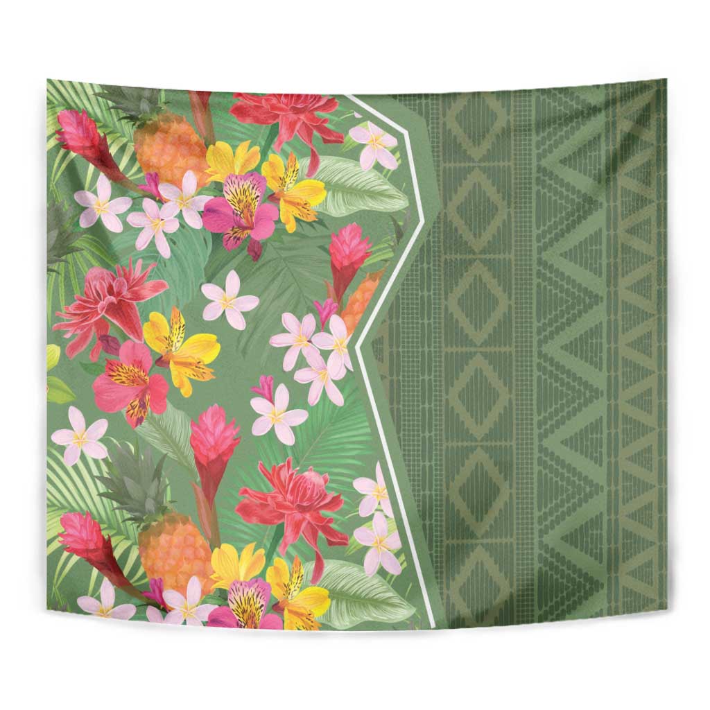 Green tropical flower tapestry with floral branch and geometric diamond texture
