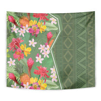 Green tropical flower tapestry with floral branch and geometric diamond texture