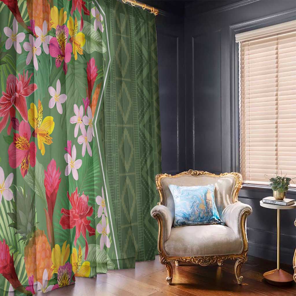 Hanging green tropical flower curtain and green geometric curtain beside a window