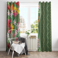 Pair of hanging green curtains: colorful tropical floral panel and matching geometric panel
