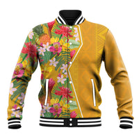 Unisex yellow tropical floral baseball jacket with striped ribbed collar and snap front