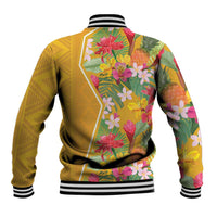Unisex yellow tropical floral baseball jacket with striped ribbed cuffs, back view