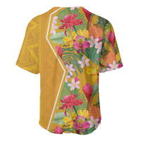 Yellow baseball jersey with tropical floral print, white panel trim on front