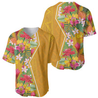 Yellow baseball jersey with tropical floral print on front and back, white trim