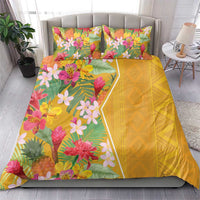 Yellow tropical floral duvet cover with two square pillowcases, green leaf and flower print