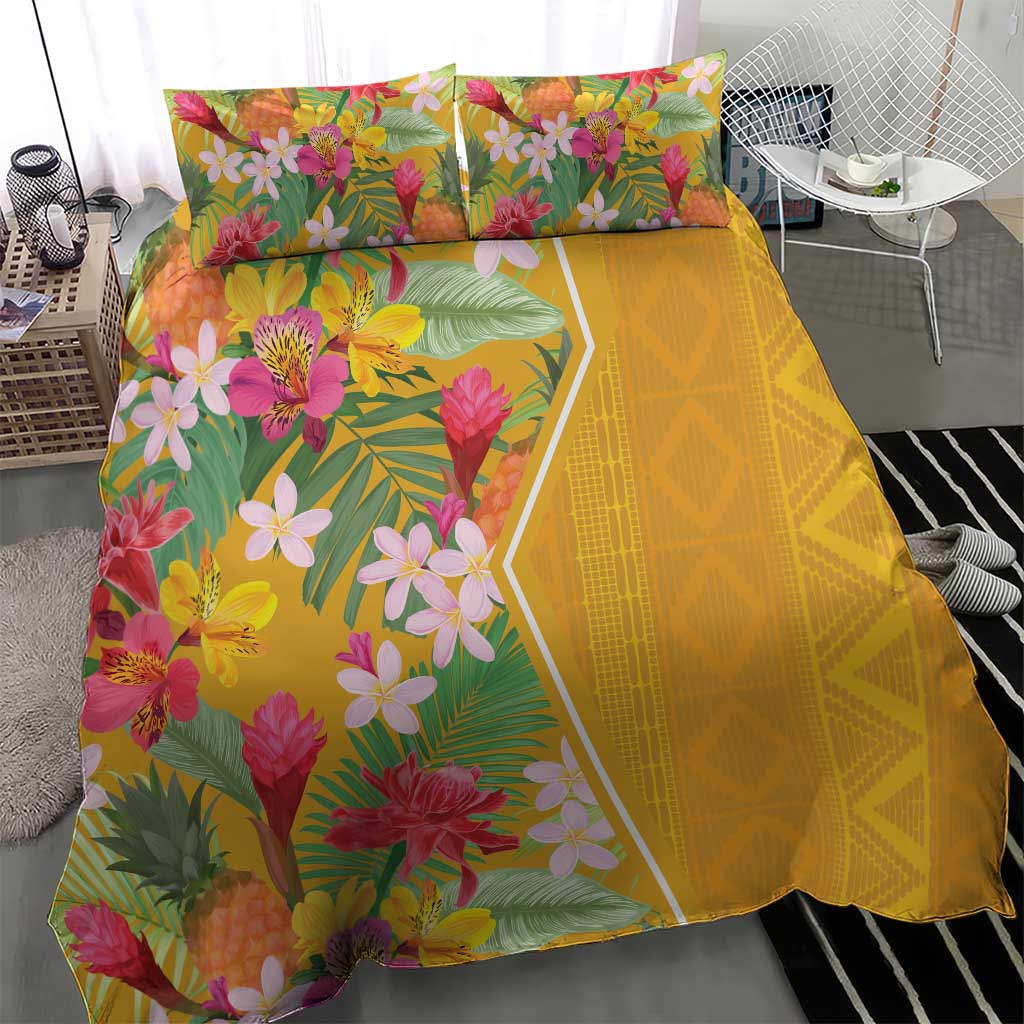 Yellow tropical floral bedding set with two pillowcases and patterned duvet cover