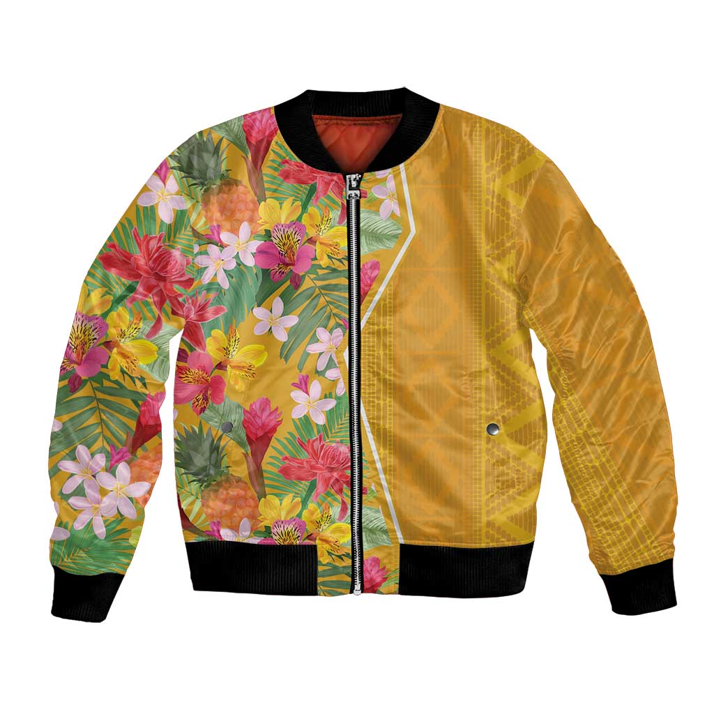 Unisex yellow bomber jacket with tropical floral print, front zipper, black ribbed cuffs and hem