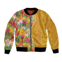 Unisex yellow bomber jacket with tropical floral print, front zipper, black ribbed cuffs and hem