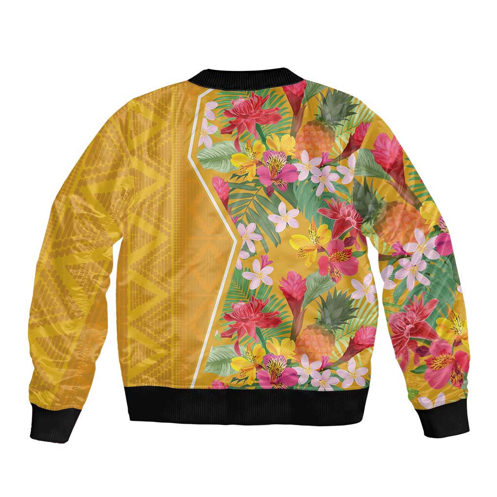 Unisex yellow bomber jacket with tropical floral print and diamond panels, black ribbed cuffs