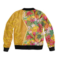 Unisex yellow bomber jacket with tropical floral print and diamond panels, black ribbed cuffs