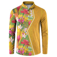 Yellow long-sleeve button polo sweatshirt with tropical floral print panel and patterned sleeves