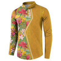 Yellow long-sleeve button polo sweatshirt, tropical flowers on front and floral stripe panel