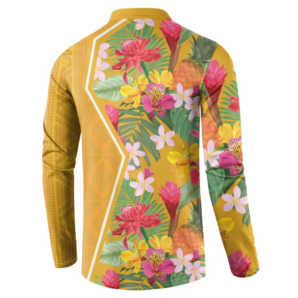 Yellow long-sleeve button polo sweatshirt with tropical flower print on back