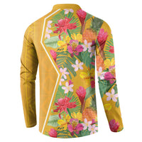 Yellow long-sleeve button polo sweatshirt with tropical flower print on back