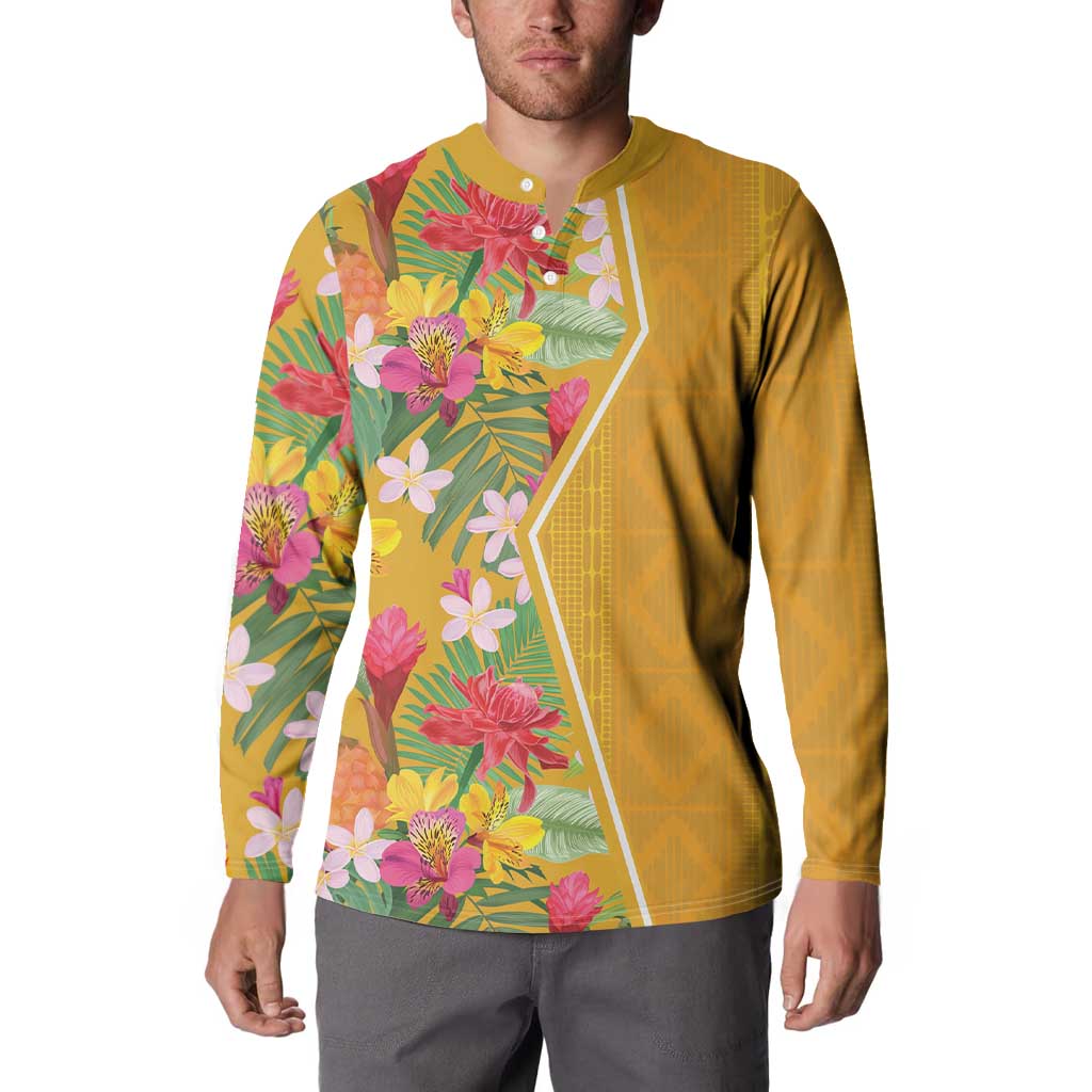 Yellow tropical floral button polo sweatshirt, long sleeves and buttoned neckline