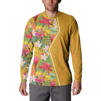Yellow tropical floral button polo sweatshirt, long sleeves and buttoned neckline
