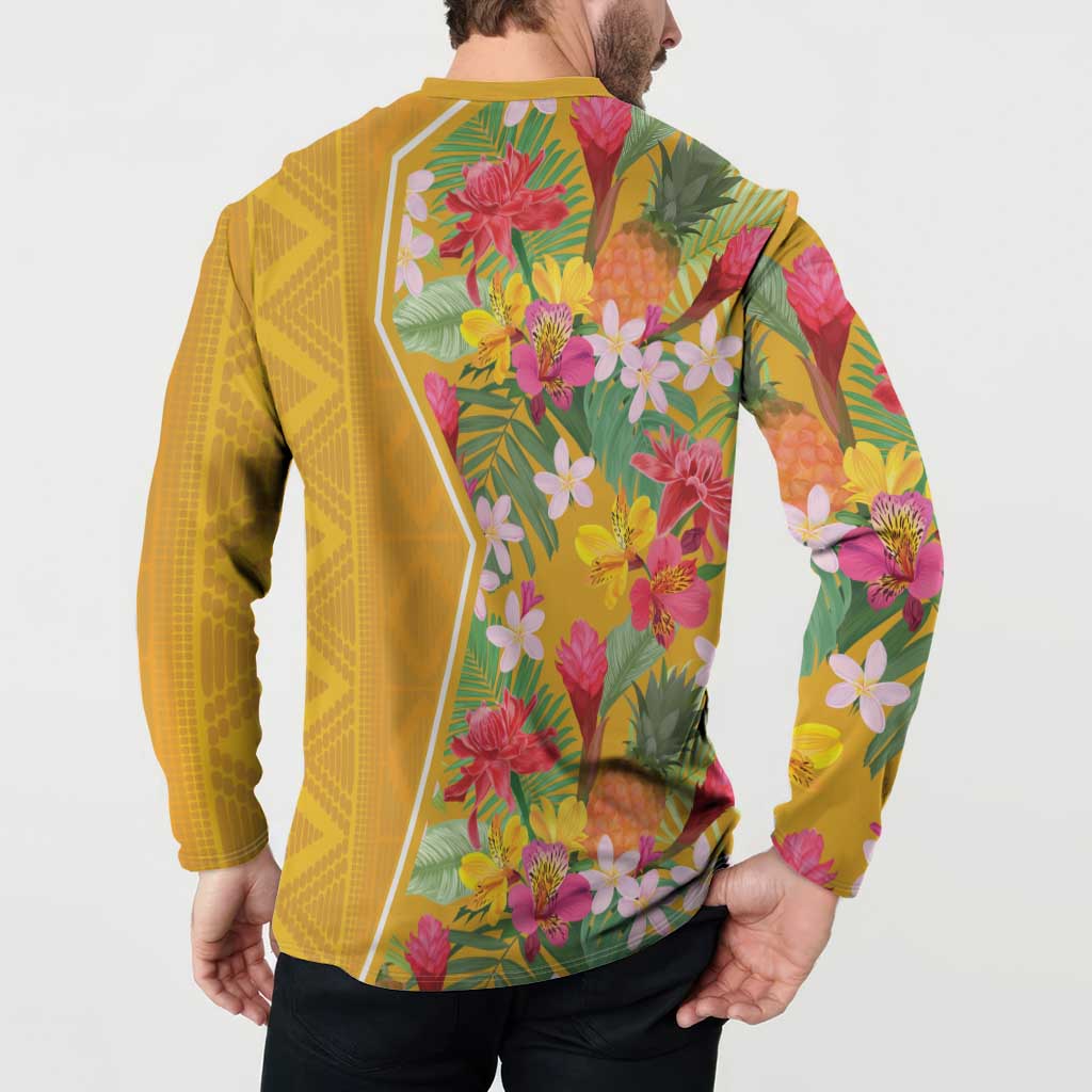 Yellow long-sleeve button polo sweatshirt with tropical floral print across back panel