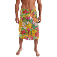 Yellow tropical floral lavalava skirt with multicolor leaf print, front view