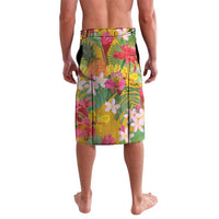 Yellow tropical floral lavalava skirt with multicolor leaf print, back view