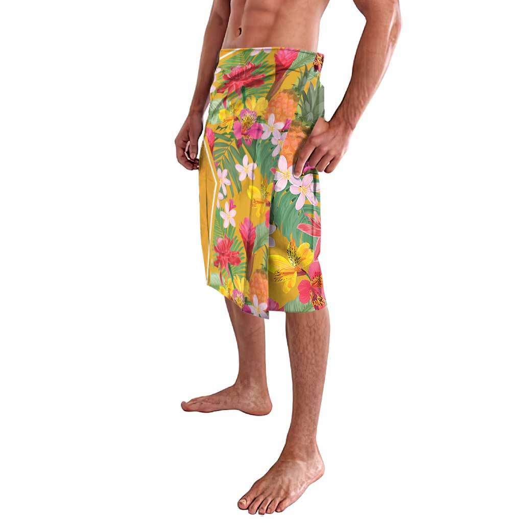 Yellow tropical floral lavalava skirt with multicolor leaf print, side view