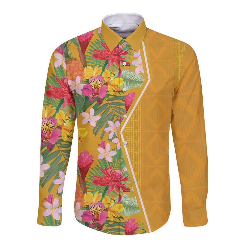 Yellow long-sleeve button shirt with tropical floral print and contrast white placket