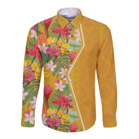 Yellow long-sleeve button shirt with tropical floral print and contrast white placket