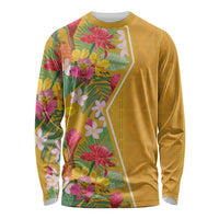 Yellow long-sleeve crewneck shirt with tropical floral graphic front