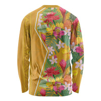 Yellow long-sleeve crewneck shirt with tropical floral graphic back view