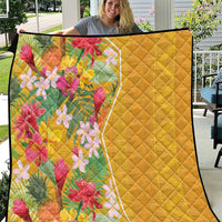 Yellow floral quilt with diamond quilting, colorful flower panel, dark border trim
