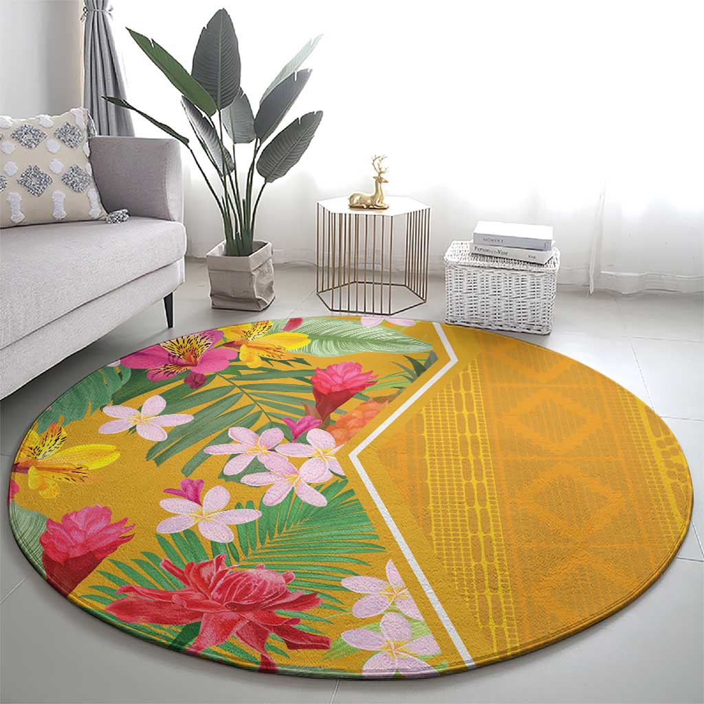 Yellow circular rug with tropical floral print, green foliage panel and zigzag trim