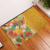 Yellow tropical rubber doormat, corner floral panel with geometric pattern, rectangular