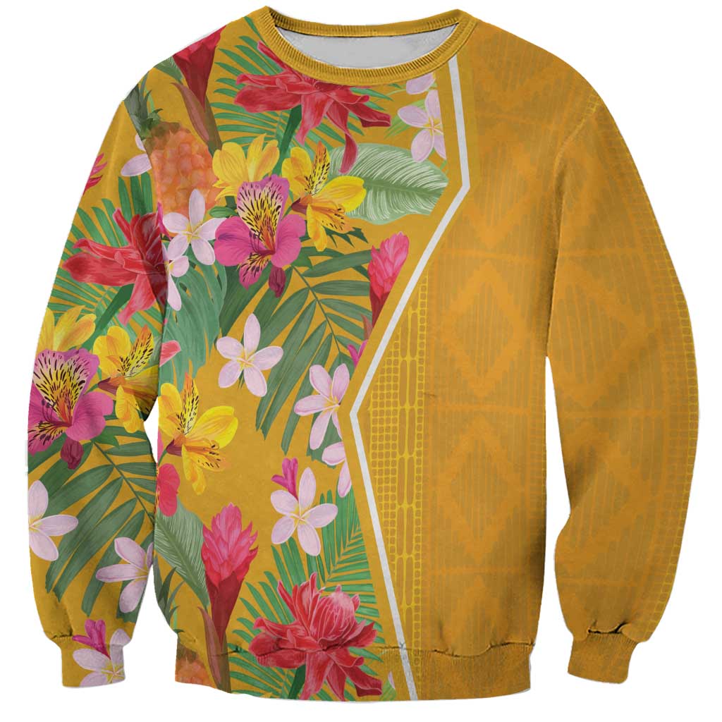 Unisex yellow sweatshirt with tropical floral print and geometric panel detail
