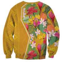 Unisex yellow sweatshirt, tropical flower print across center and back