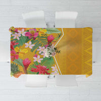 Yellow tropical flower tablecloth with floral corner and geometric pattern panel