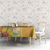 Yellow tropical flower tablecloth with leafy floral design and geometric pattern